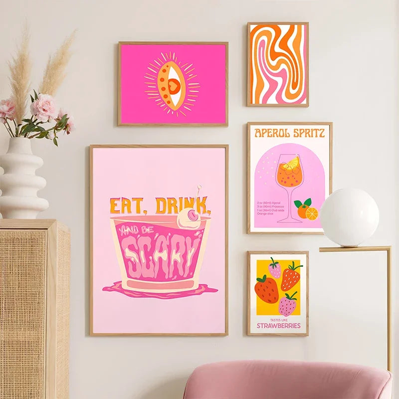Pink Strawberry Lemon Card Cocktails Drink Posters Retro Canvas Painting