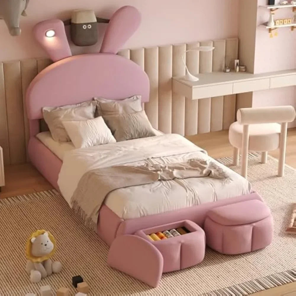Twin Size Upholstered Platform Bed with Cartoon Ears Shaped Headboard and Light, Princess Platform Bed for Girls/Kids