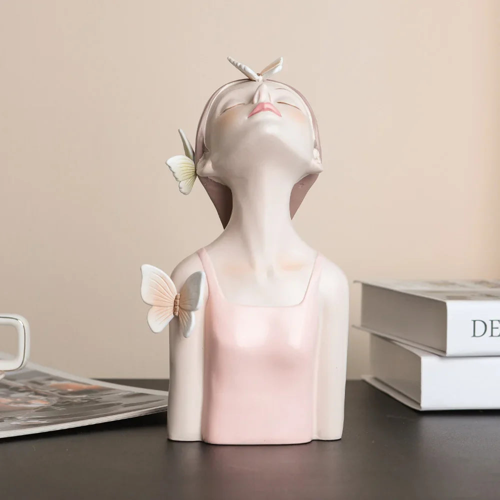 Pink Girl Butterfly Fairy Figurines, Resin Tabletop Statues, Creative Girl Bust With Butterflies, Home Decor Craft