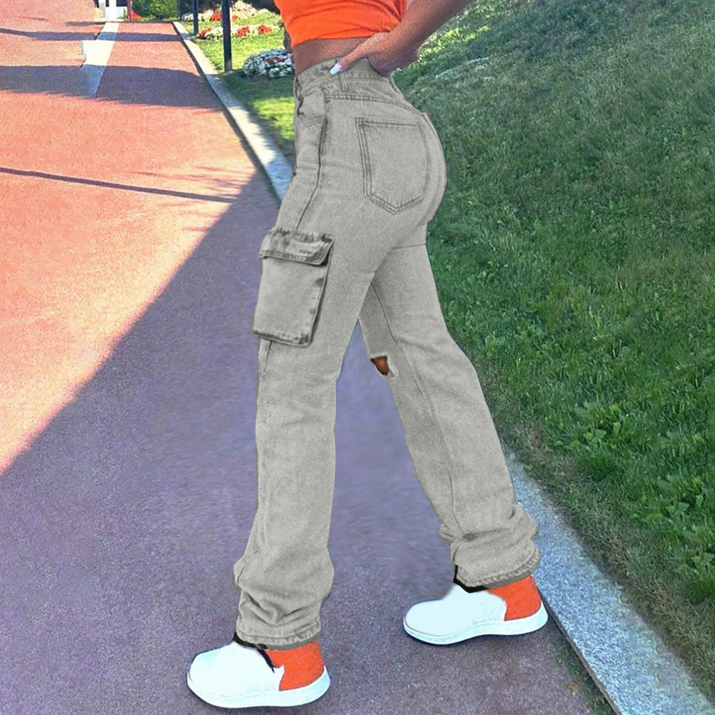Women's Washed Baggy Pocket Cargo Straight Trousers Jeans Ladies Streetwear
