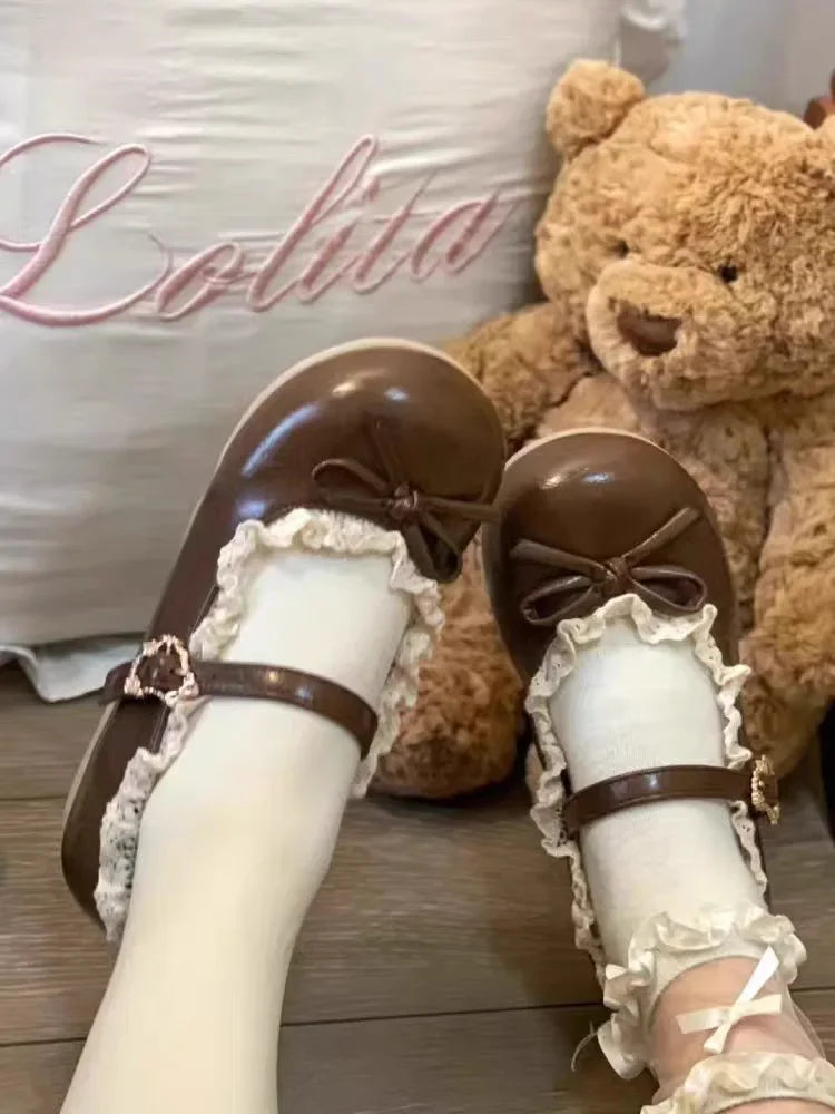 Original Lolita Flat Shoes with Butterfly Knot Soft Bottom Round Head Single Lined Women's High Heel