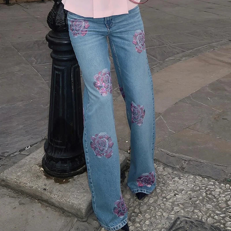 Vintage Floral-Shaped Diamond Light Blue Women Flared Denim Jeans High Waist Baggy Dragging Pants Inspired Fashion Chic Casual