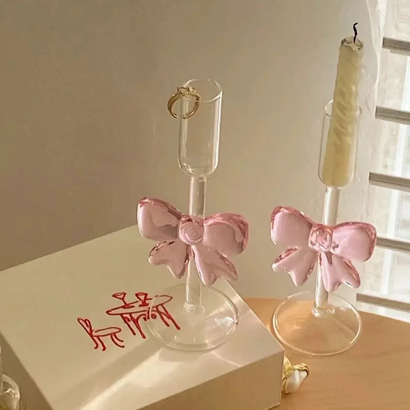Pink Bow Series High Glass Cup, Butterfly Candlestick Romantic Champagne Wine