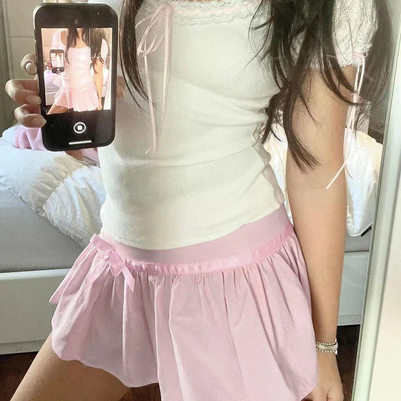 Hot-sweet Pink Spliced Summer Mini Skirt Bow Fashion Cute Folds A-Line Women Skirts Coquette Clothes