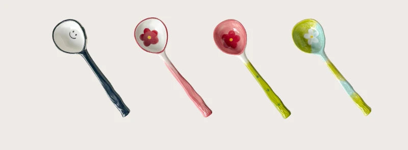 Kawaii Cute Ceramic Flower Spoon Hand Painted Dessert Spoon With Long Handle