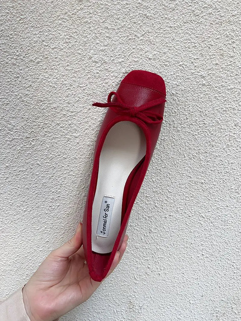 Fashion Elegant Red Ballerinas Women Pumps Slip on Loafers Round Toe Square Heels Bowknot Low Heel Shoes
