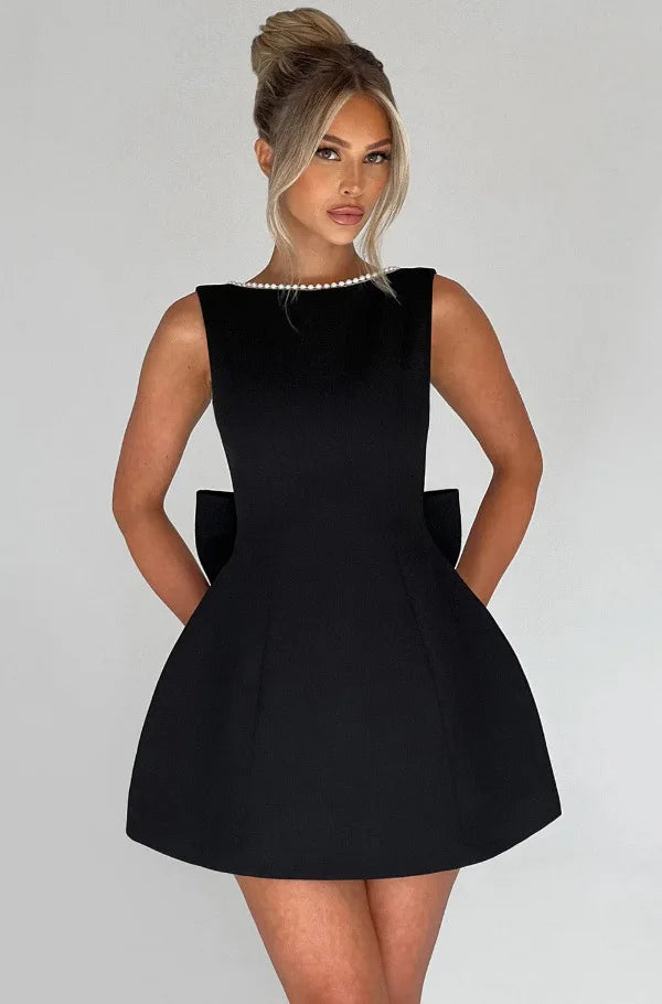 Elegant Pearl Bow Backless Sexy Mini Dress Women's Luxury Party Short Dresses