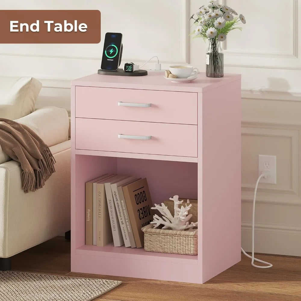 Night Stand Set 2, Pink Nightstand with Charging Station & Drawers, Night Stands for Bedrooms Set of 2, Bedside Table with Drawers
