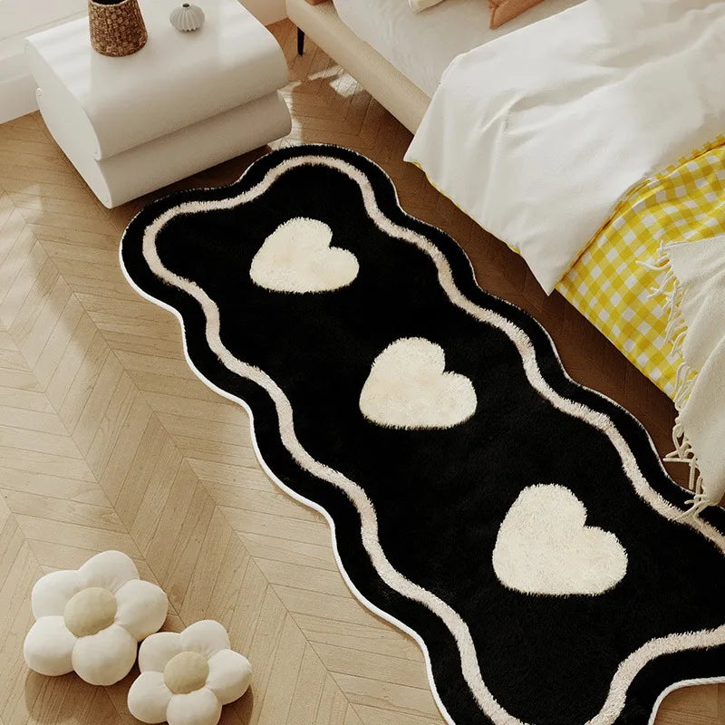 Rose Bow Heart Long Floor Mat Runner Rug Soft Fluffy Black White Cute Girl Home Decoration Rugs