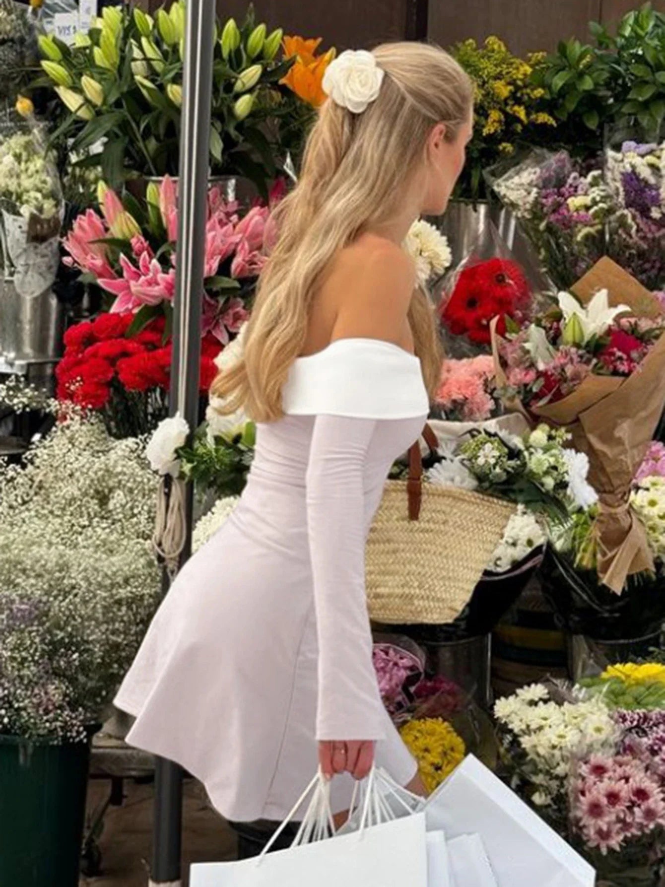 Off Shoulder Long Sleeves Slim Mini Dress Women's Sexy Elegant Outfit