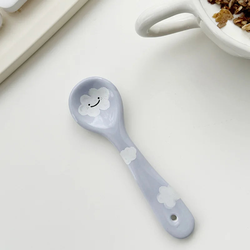 Cute Smiling Spoons Ceramic Ice Cream Spooon Irregular Hand Painted Dessert Breakfast Spoon Home Kitchen Tableware Accessories