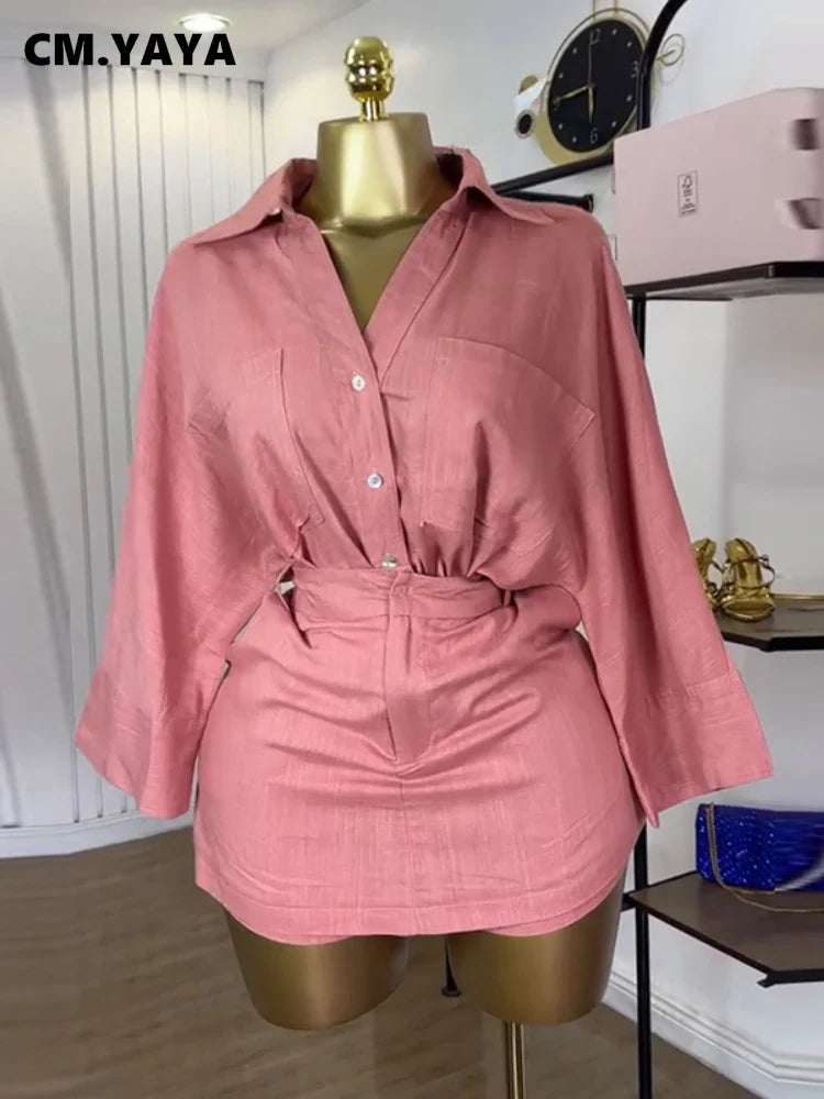 Fashion Women's Set Full Sleeve Turn-down Collar T-shirt and Skirts Shorts Chic Two 2 Piece Sets Outfit