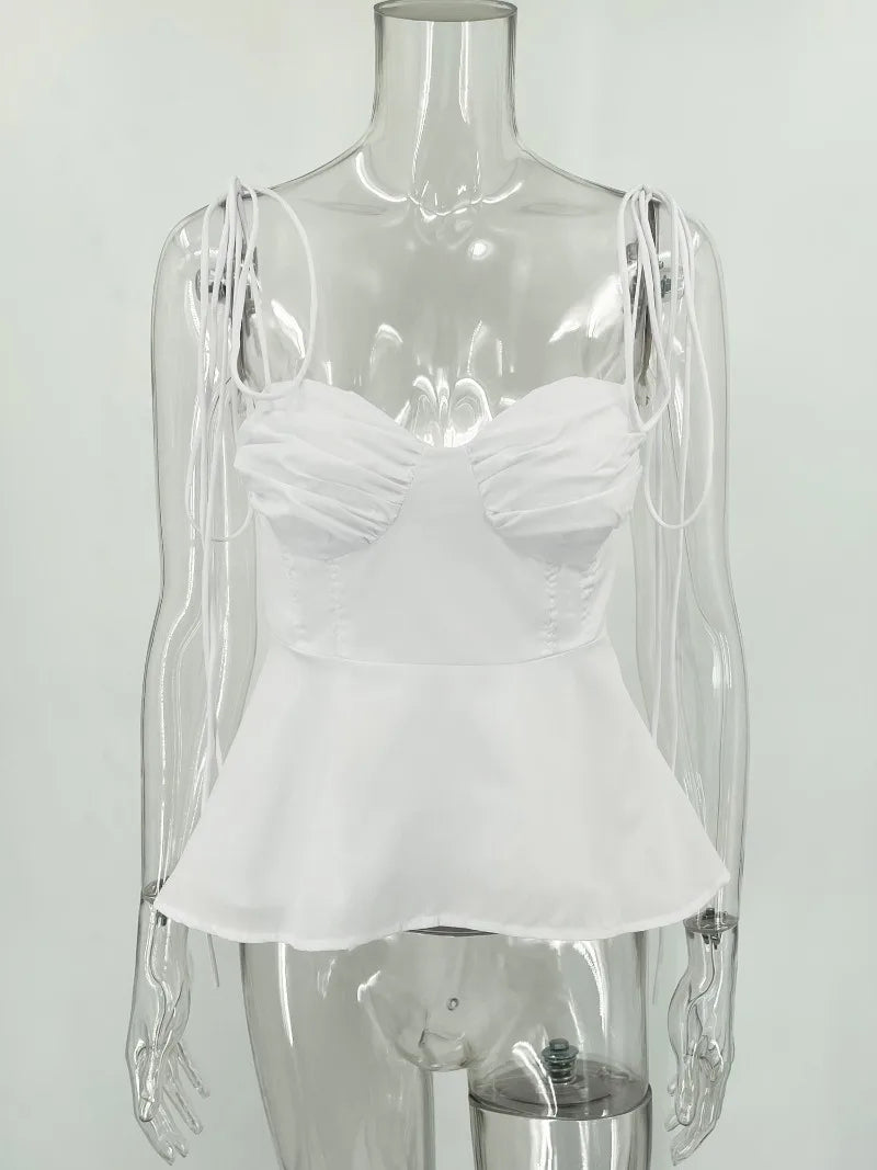 White Smocked Strappy Camisole Women's Sexy Sleeveless Ruffle Slim Bra Solid Color Streetwear Y2k Women's Tops Camisole