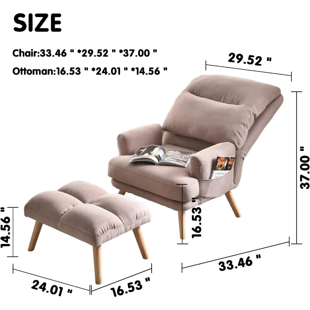 Living Room Chair Set with Recliner Accent Chair and Ottoman with Side Bags