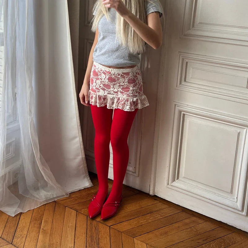 Floral Lace Sheer Ruffles Hem Pencil Skirt Fairy Coquette Low Waist Mini Skirt 00s Outfits Y2k Aesthetic Transparent Short Skirt