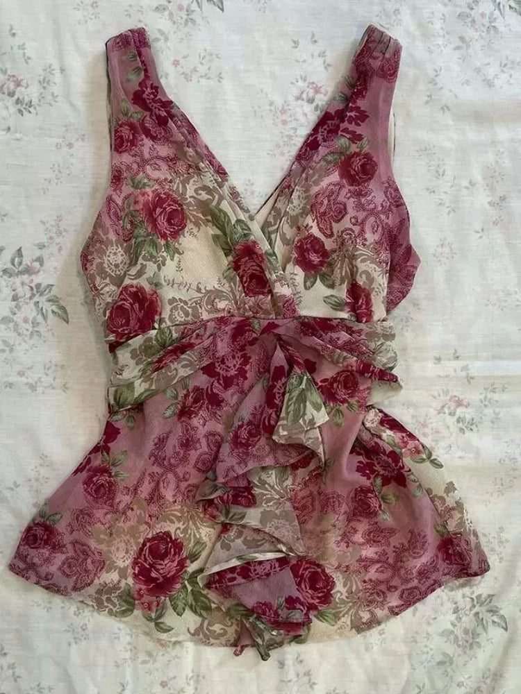 Summer Woman Floral Halter Lace Blouse Vintage Sexy Slim Fit Fairy Tops Outfits Elegant Style