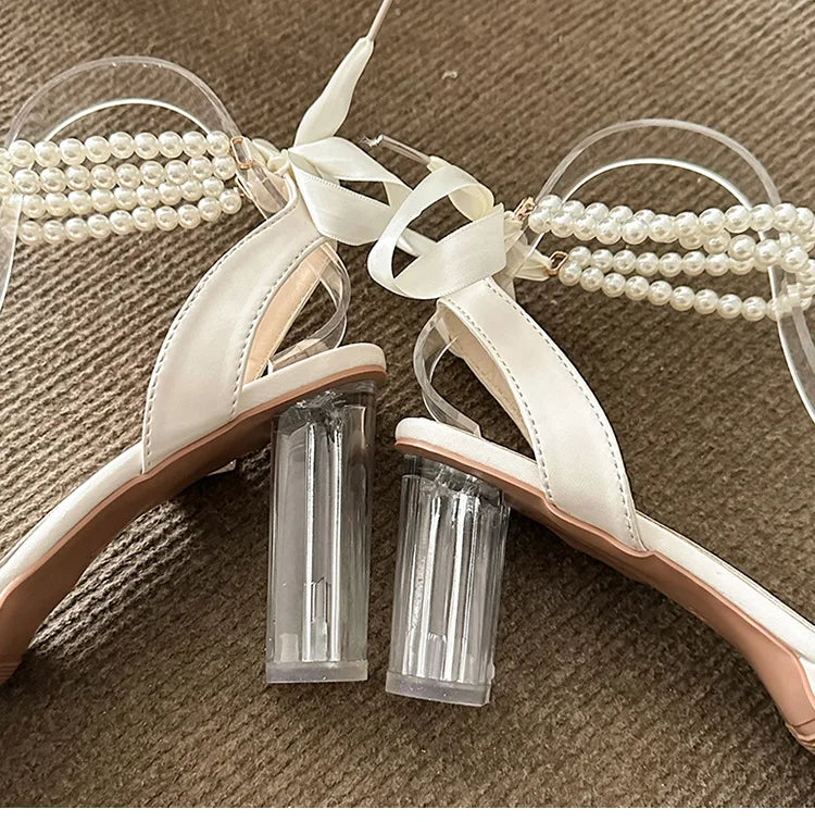 Women's Fashion Crystal Pearl High Heels Sandals