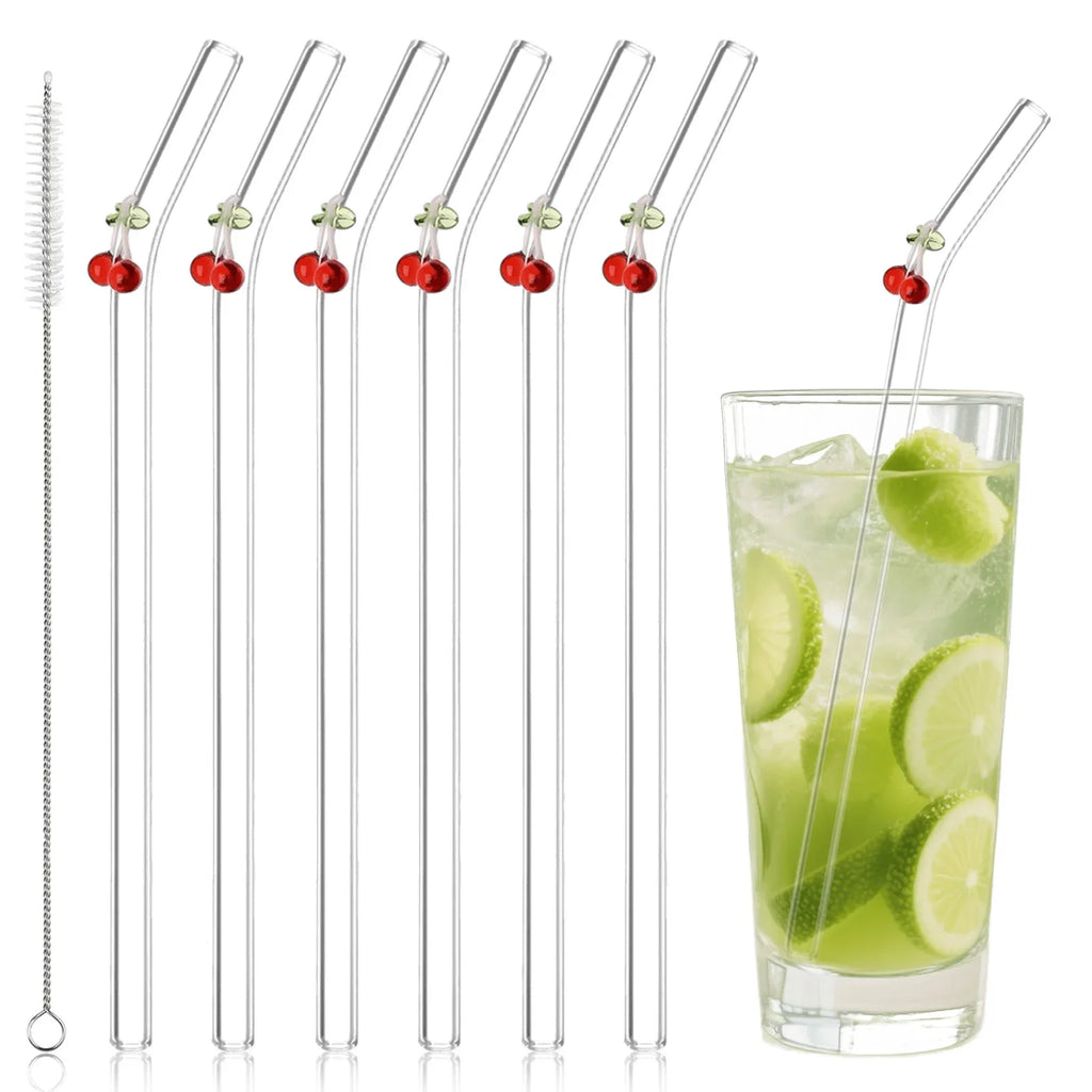 Cherry Design Reusable Straws Clear Glass Straws Colorful with 1 Cleaning Brush