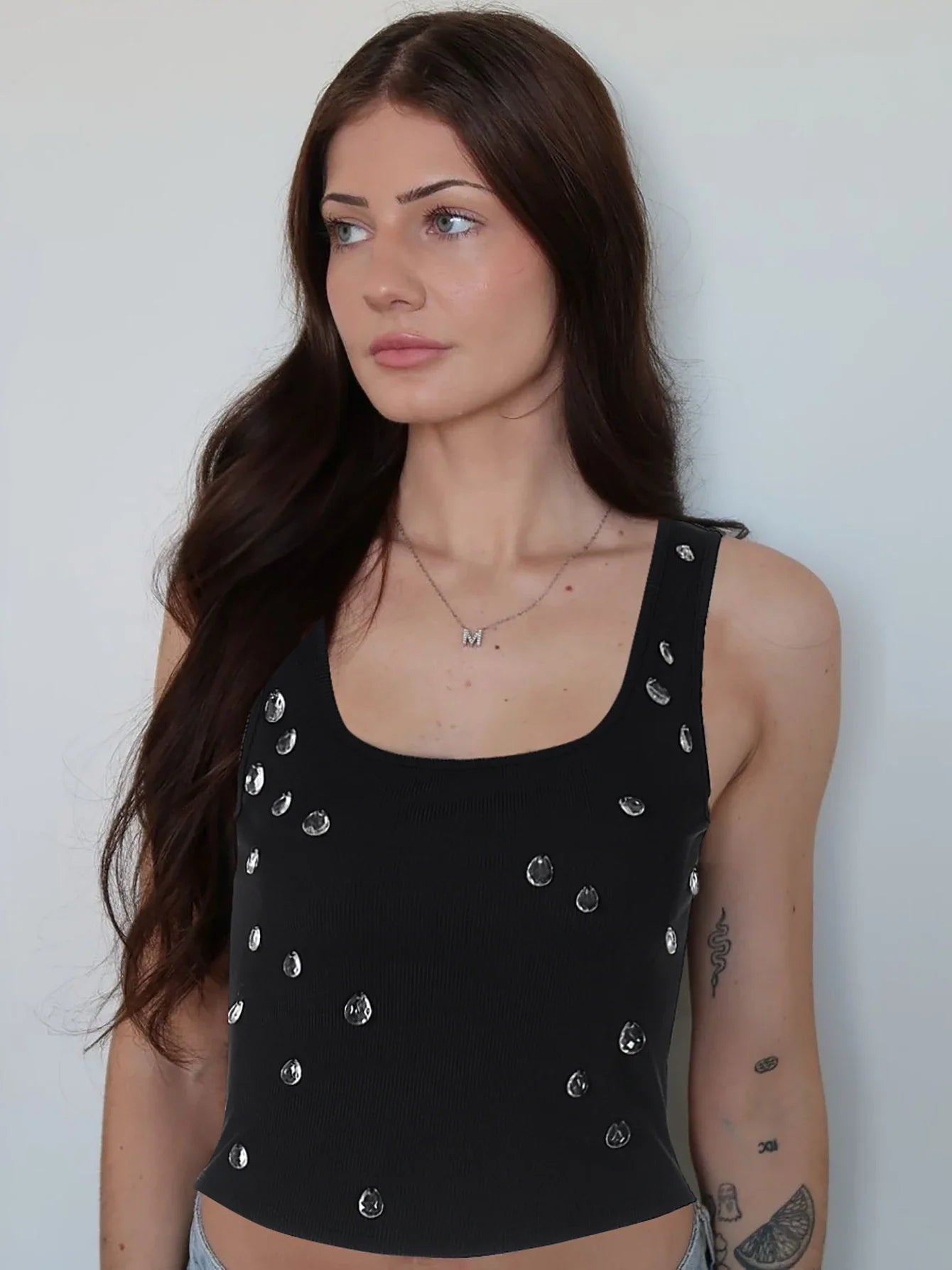 Ribbed Sleeveless Water Droplets Diamond Decorated Tank Sexy Casual Bodycon Top Party Club Streetwear Spring Summer