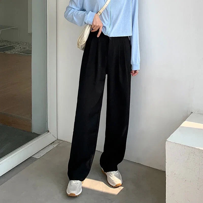 High Waist Women Suit Pants Fall Straight Office Ladies Fashion Trousers Casual Button Loose