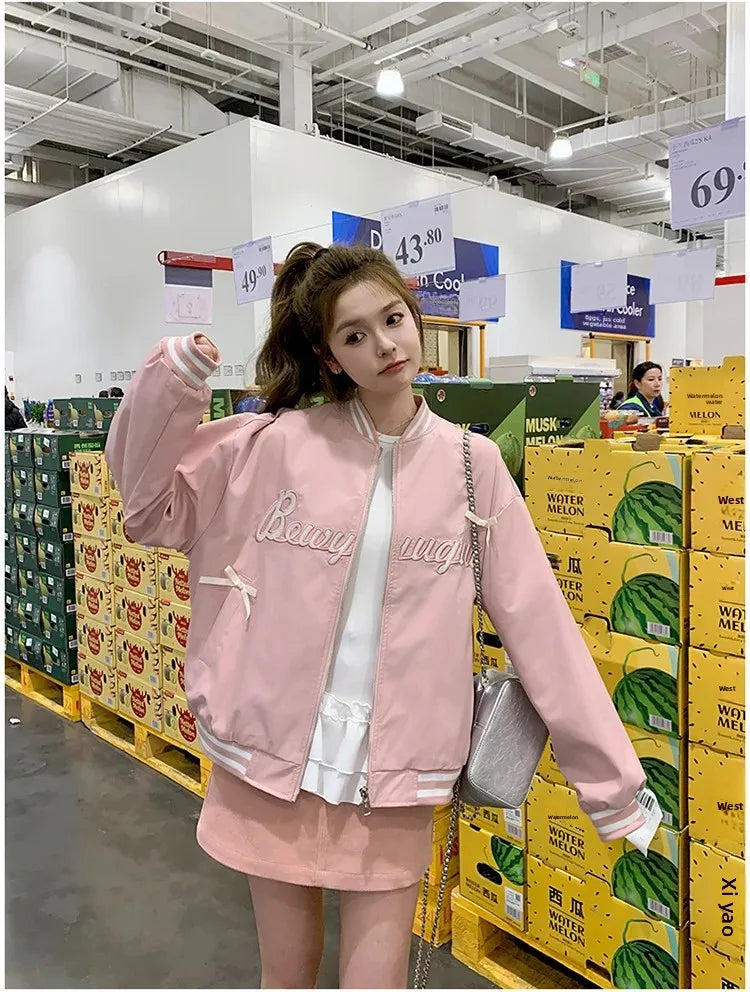 Sweet Butterfly Knot Pink Baseball Jacket Women's Spring Autumn Casual Loose Fit round Neck Full Sleeve Fashionable Coat