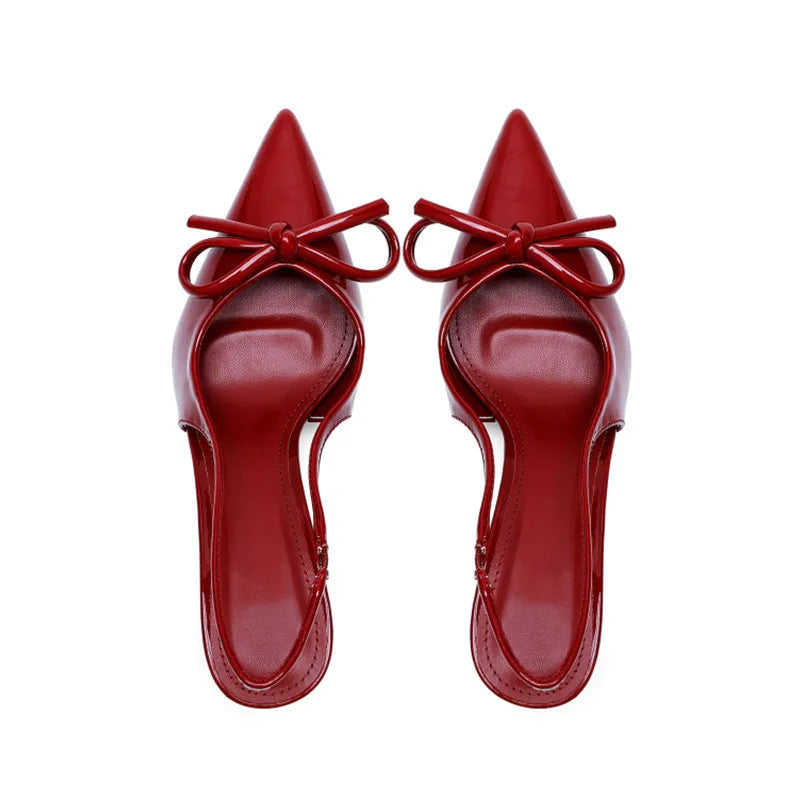 Sexy Women's Red Bow Pointed Toe Patent Leather Back Strap Stiletto Shoes