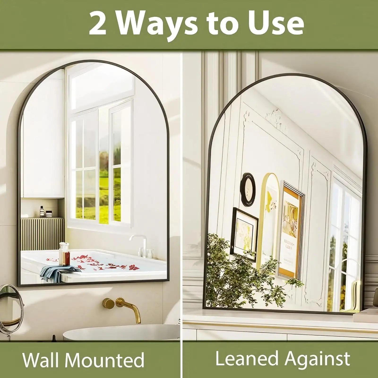 Wall Mounted Vanity Mirror with Aluminum Alloy Frame, Black 16" x 24" Arch Bathroom