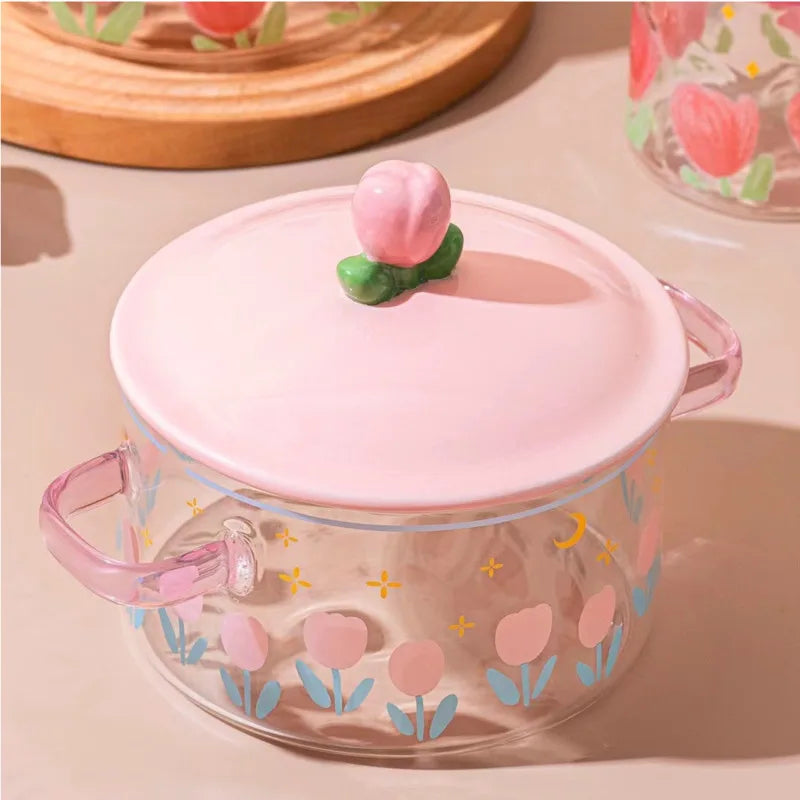 Pink Flower Instant Noodles Glass Pot Can Be Heated Soup Pot Double Ears Salad Bowl Covered with a Large Capacity Bowl