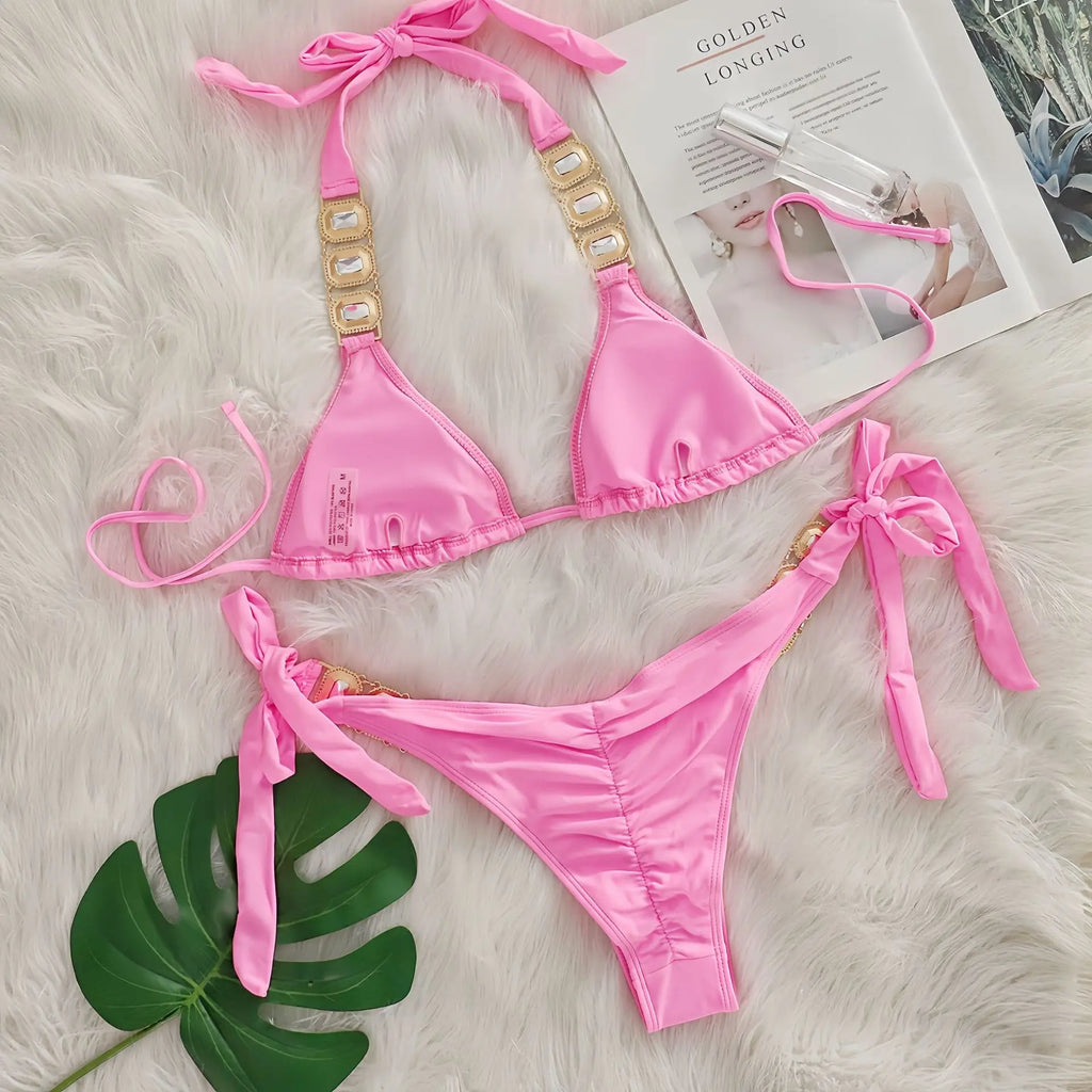 Sexy Rhinestone Bikini Set Women Luxury Pink Crystal Diamond Push Up Bandage Thong Swimsuit