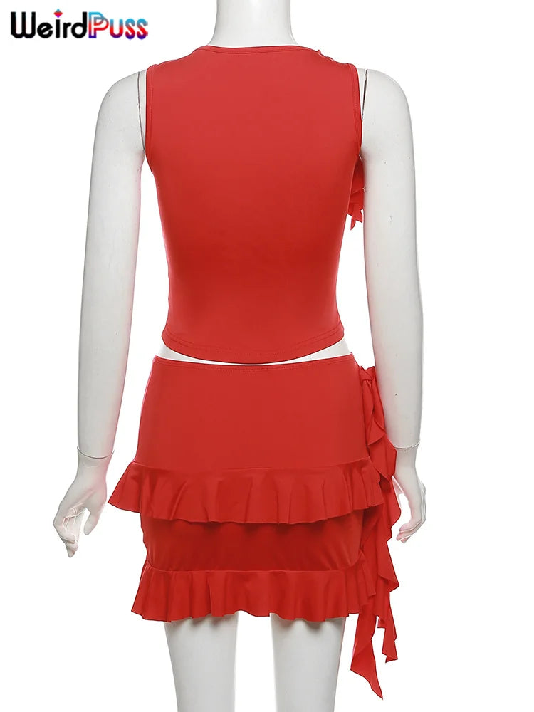 Women 2 Piece Set Double-Deck Pleated Tassel Mini Skirt+Bandage Slim Tank Top Festival Party Sexy Matching Outfits