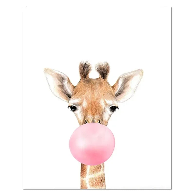 Kawaii Pink Bubble Gum Wall Art Canvas Painting Giraffe Poster Nursery Print Nordic  Animal Kids Pictures Baby Room Decor Tiger