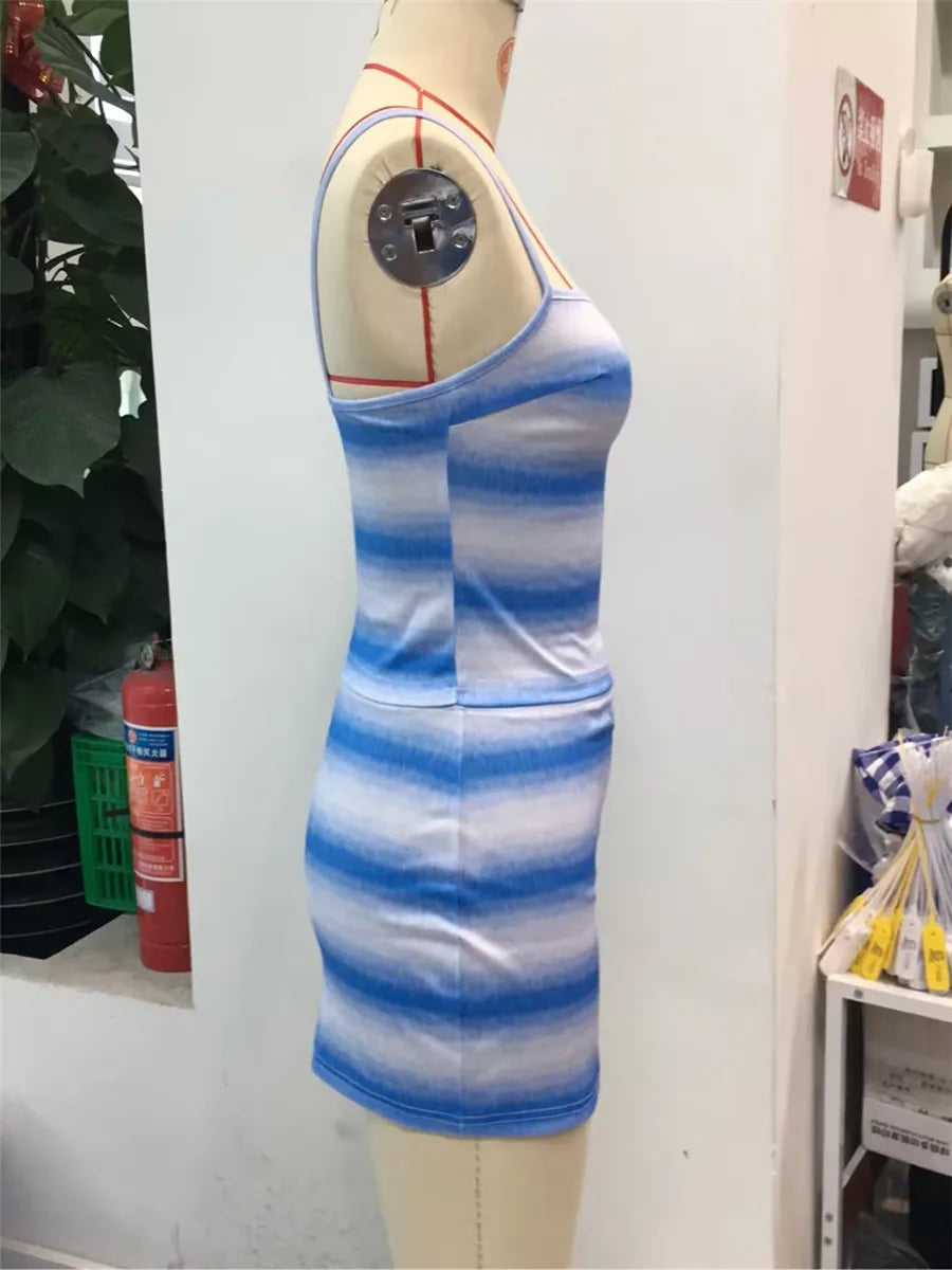 Women's 2 Pieces Summer Skirt Sets Gradient Striped Square Neck Sleeveless Crop Cami Tops Low Waist Mini Skirt