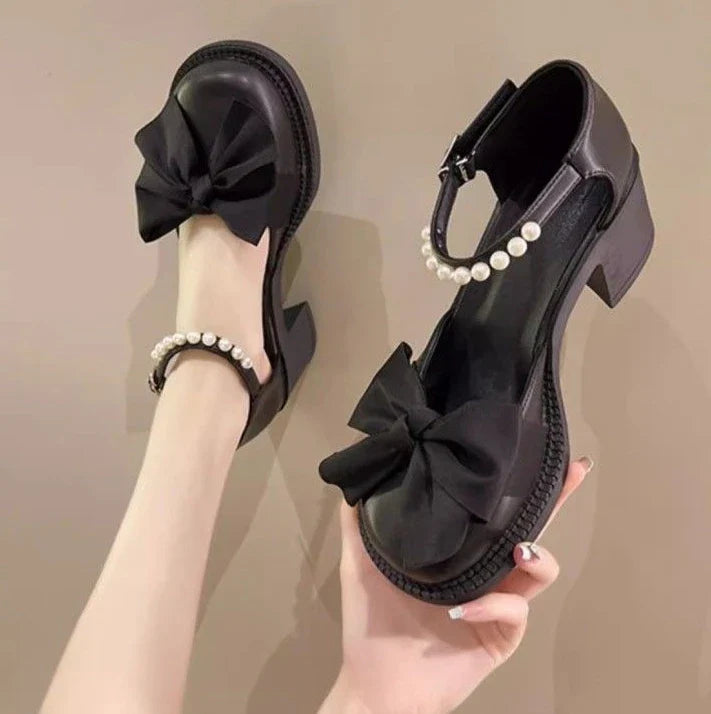 Ladies Luxury Bow Pearl With Medium Heels Mary Jane Shoes