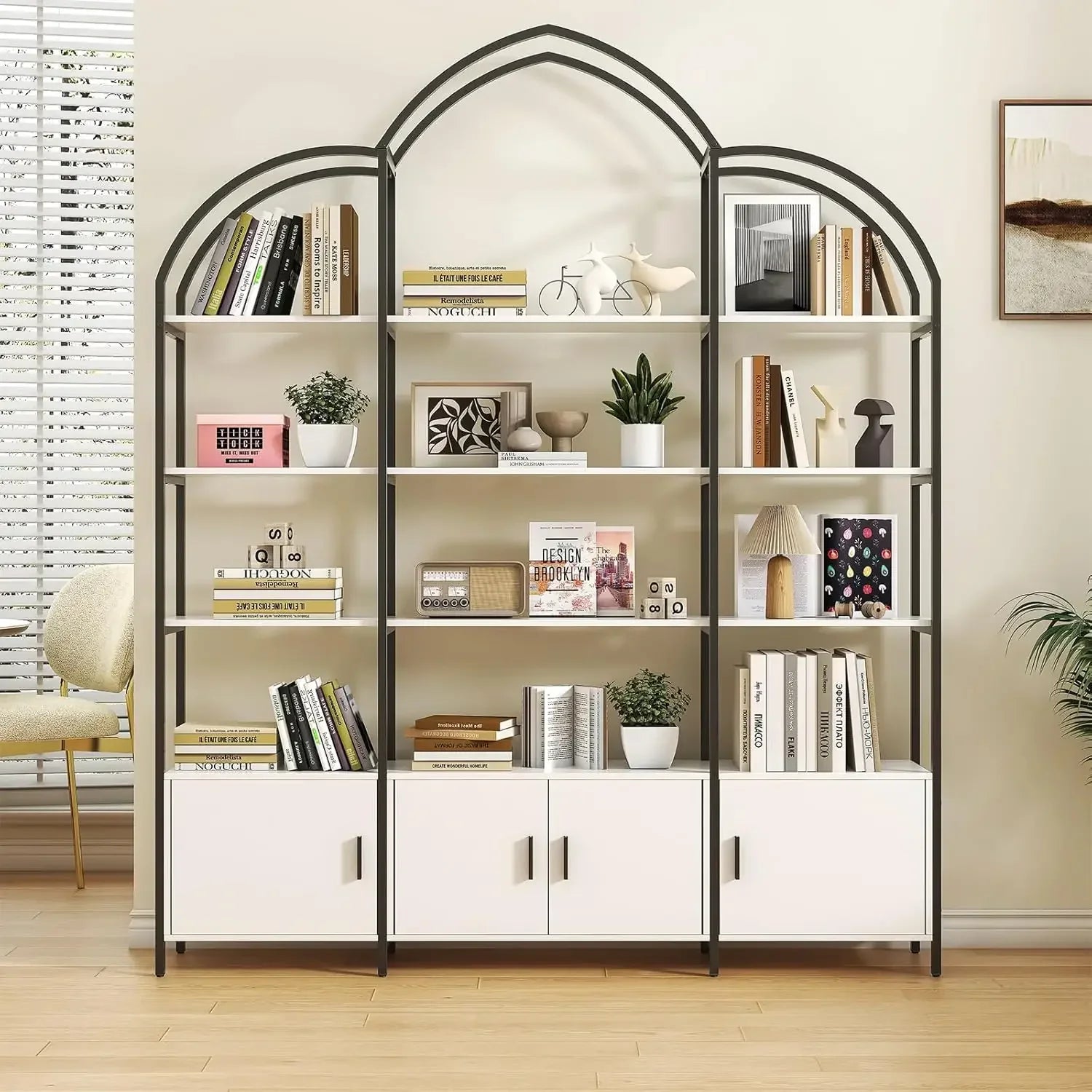 Triple Wide 5-Tier Large Arched Open Bookshelf, Etagere Bookcase with Display Shelf for Home Decor