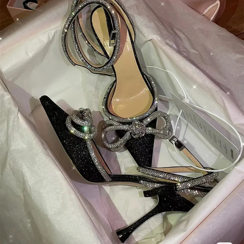 Glitter Crystal Women Pumps Sexy Ankle strap Rhinestones Bowknot High Heels