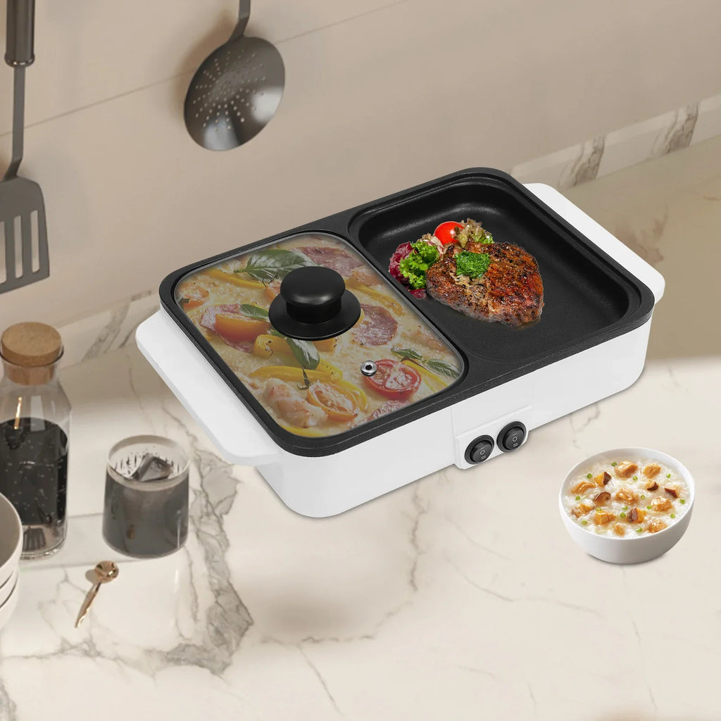 Mini Hot Pot and Grill Combo, Available in Pink, Blue, and White,2-in-1 Mini Hot Pot and Grill for Home Cooking