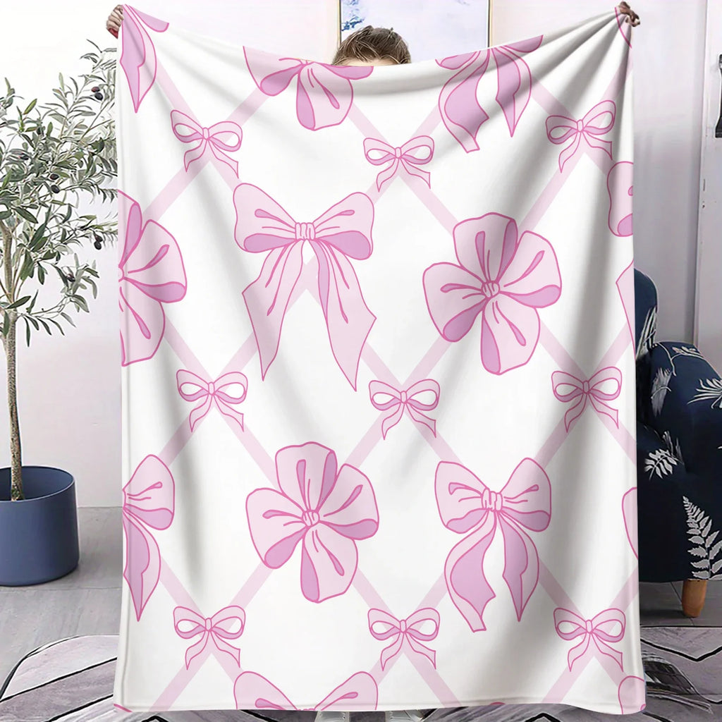 Pink Bow Blanket, Flannel Decorative Blanket, Bedding Accessories, Soft Cozy Warm Blanket