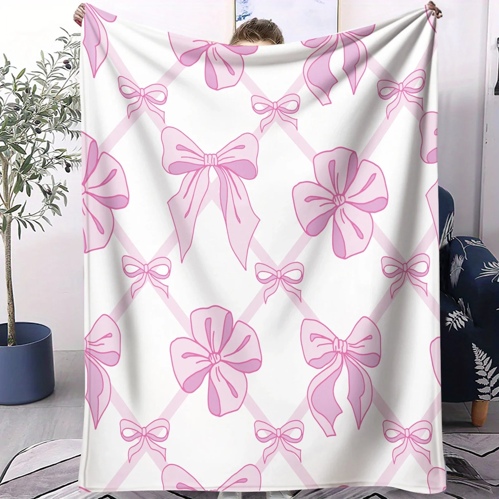 Pink Bow Blanket, Flannel Decorative Blanket, Bedding Accessories, Soft Cozy Warm Blanket