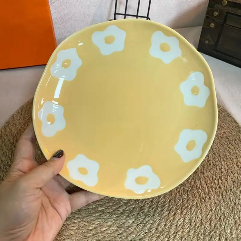 Vintage Hand Painted Dots Daisy Pottery Deep Plates Creative Moon Star Steak Flat Plate Handmade Salad Dinner Dishes