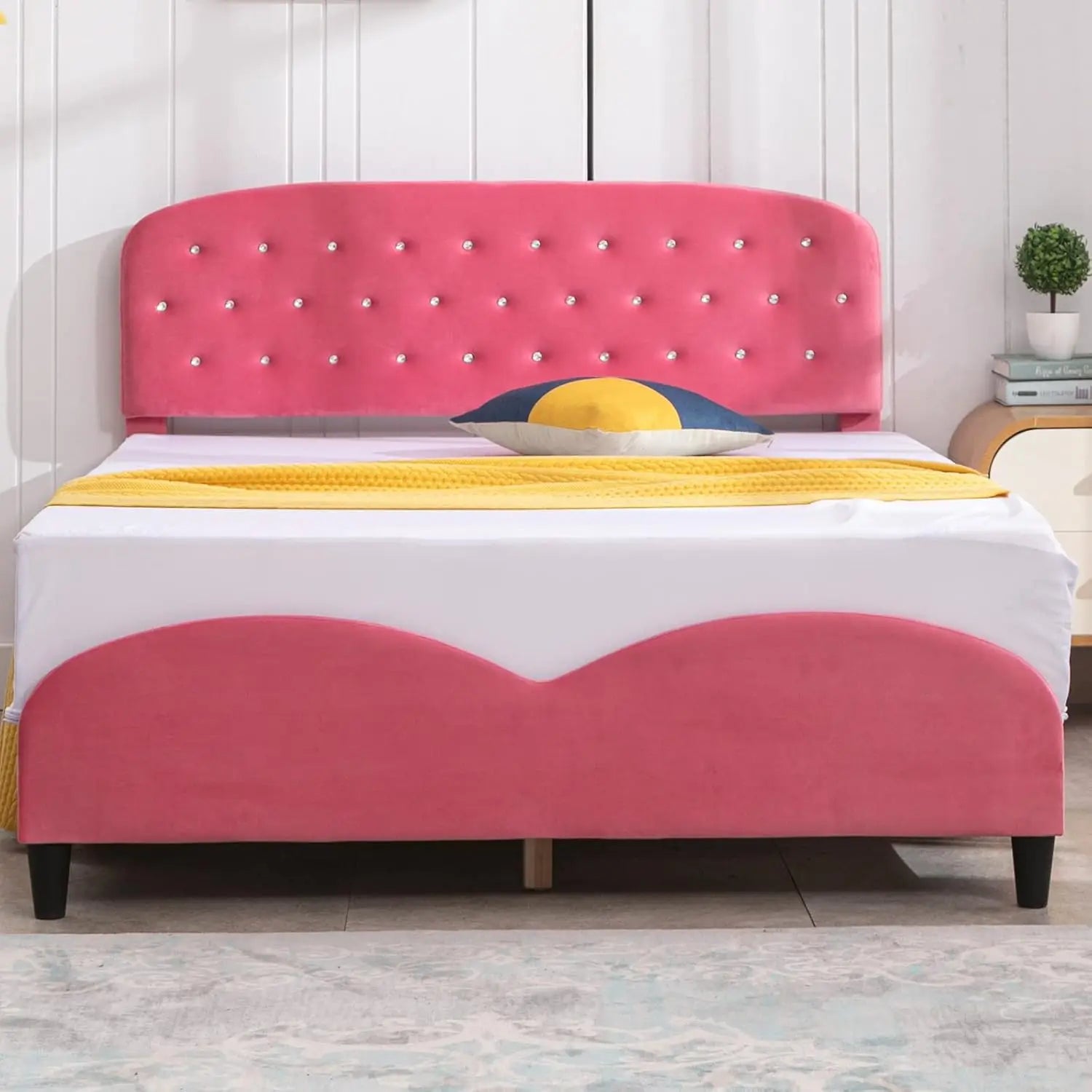 Full Size Bed Frame With Headboard, Velvet Upholstered Platform Bed With Slatted Bed Base, No Box Spring Ned, Pink Press