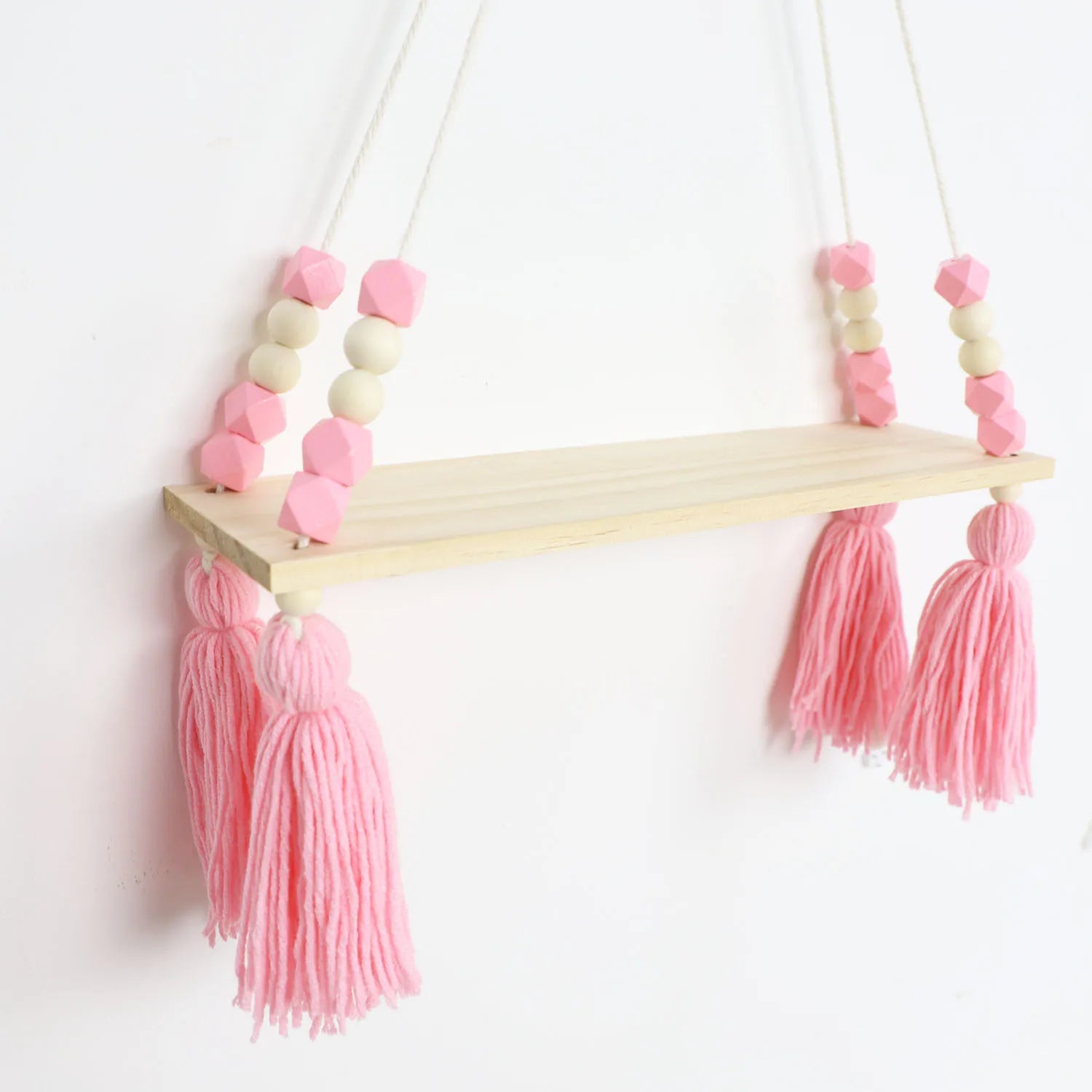 Macrame Wall Hanging Shelf Boho Pink Wooden Display Floating Shelves Wall Decor Bedroom