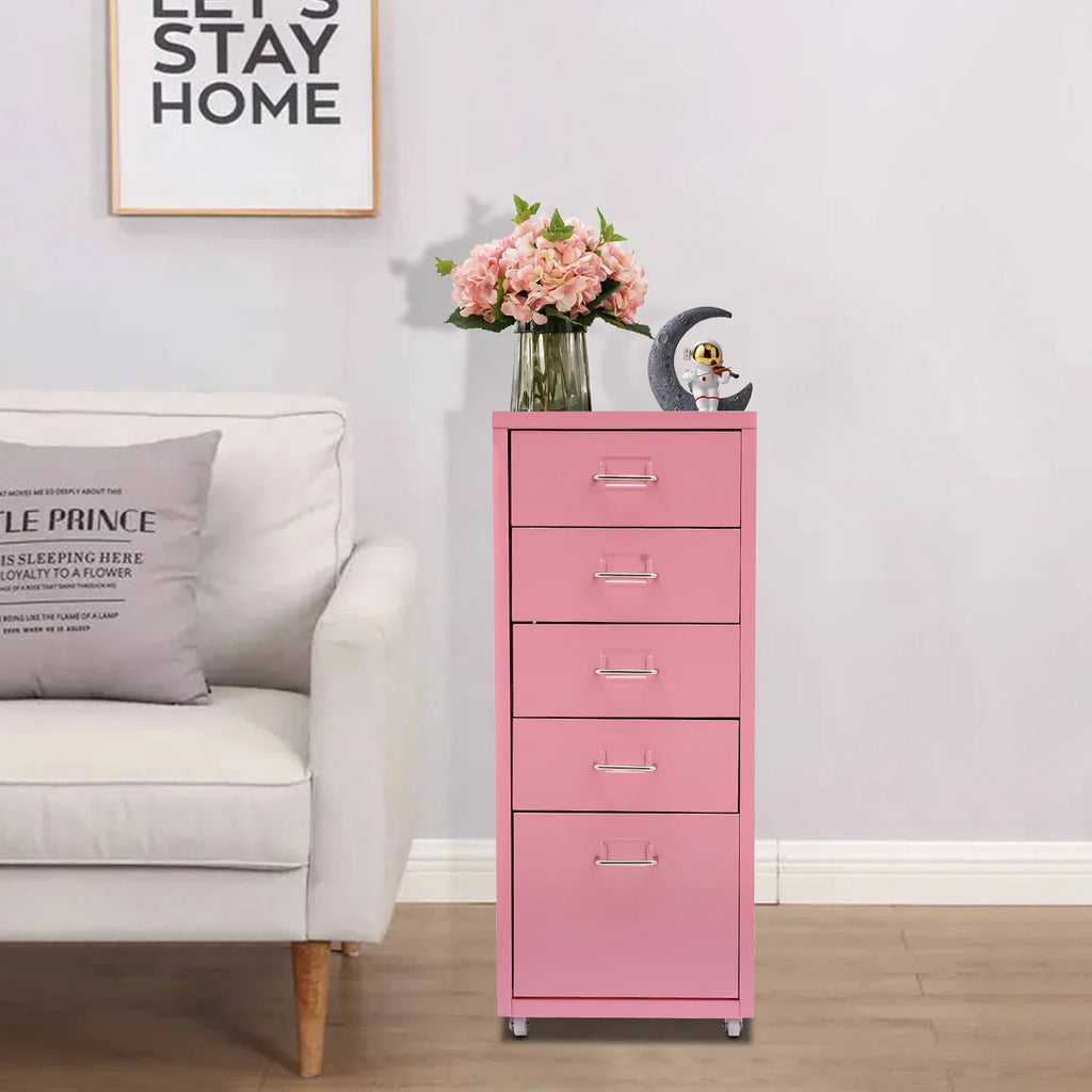 Tall Pink File Cabinet on Wheels 5-Drawer Storage Cabinet Home Furniture for Kitchen, Bedroom, Office, Study | 27 Inch