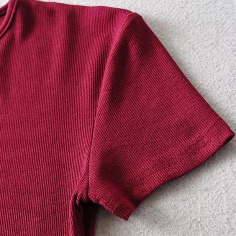 Summer Woman Skinny Fit T-shirt Tight Short-Sleeve O-neck Tee Basic Solid Crop Tops T Shirt