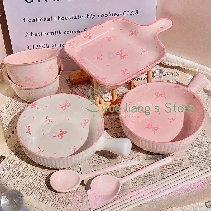 Pink Bow Ceramic Cutlery Set, Home Tableware Ceramic Handle Bowl Yogurt Cup High Value Breakfast Plate Drinkware