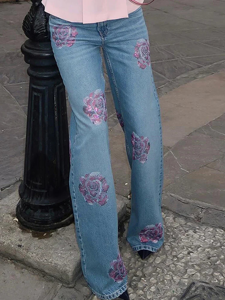 Vintage Floral-Shaped Diamond Light Blue Women Flared Denim Jeans High Waist Baggy Dragging Pants Inspired Fashion Chic Casual