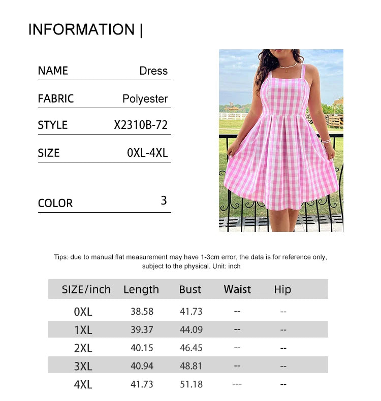 Plus Size Women's Summer New Plaid Smock Dress Sling Square Neck Dress Polyester Best for Summer