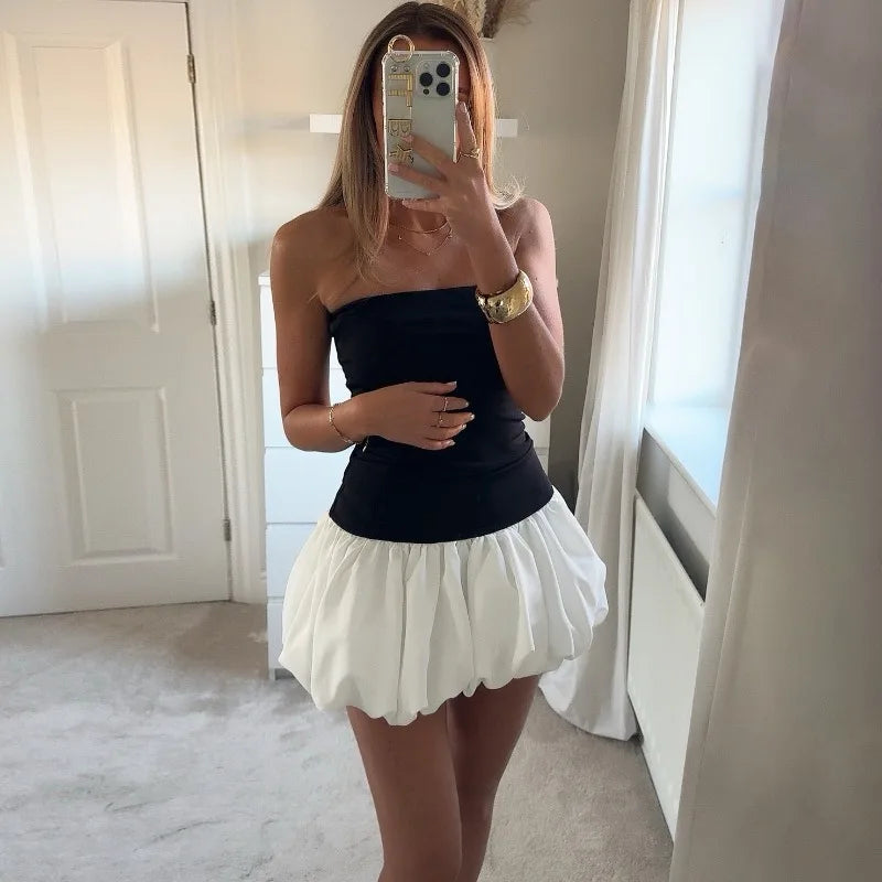 Contrast Color Mini Folds Dress For Women Strapless Sexy Slim Sleeveless Ruched Splice Y2K Beach Female Club Party Dress