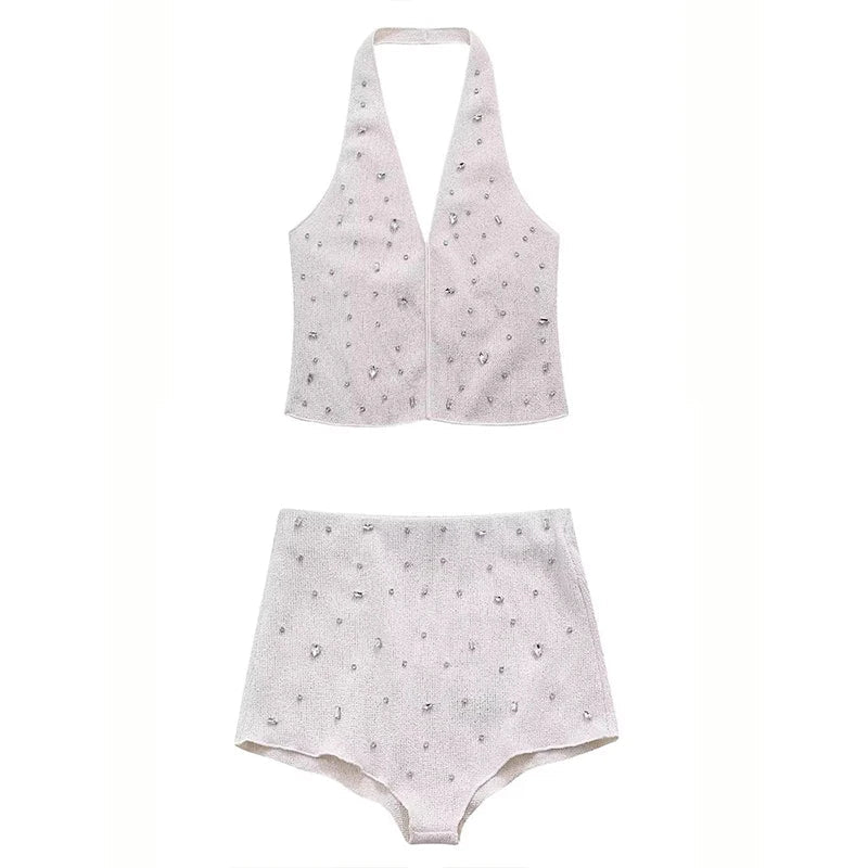 Diamond Women 2 Piece Set Luxury Knit Halter Backless Tank Tops+Shorts Casual Matching Streetwear Stretch Simple Suit