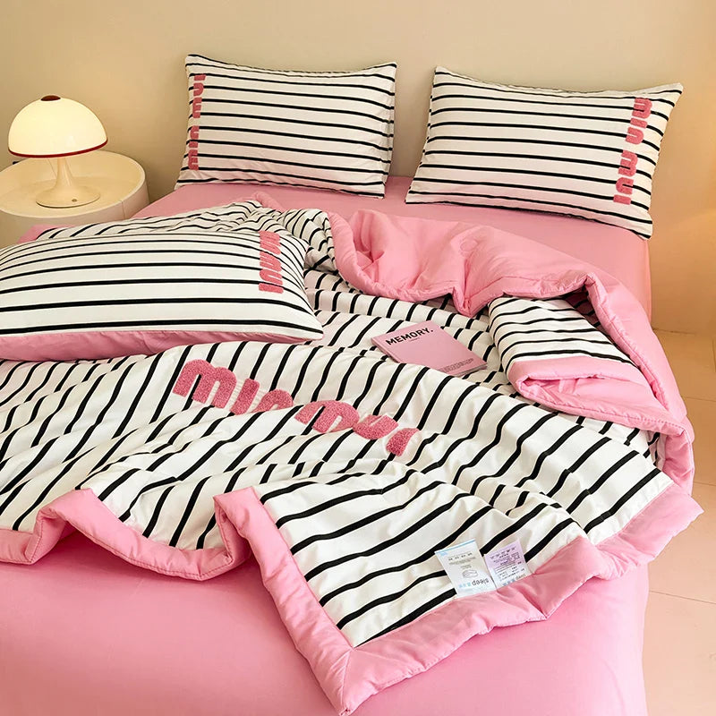 Stripe Quilt set Pink And White Bedding Set with Flat Sheet Set Soft  Fluffy Embroidery Quilt Set