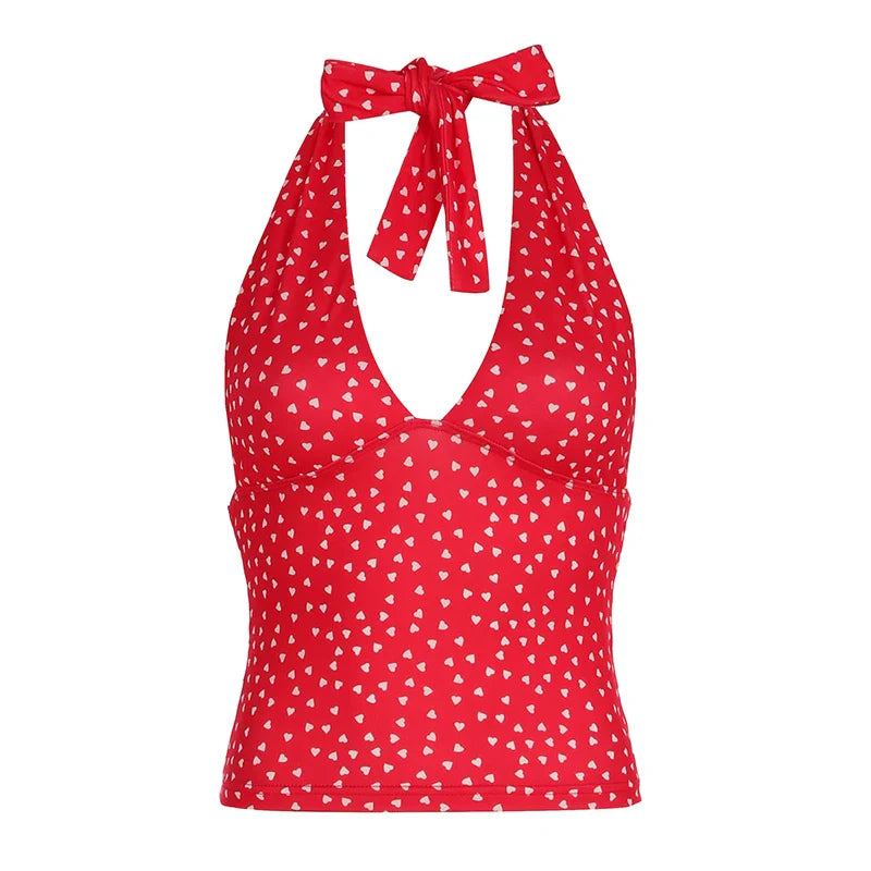 Fashion Y2k Sweet Halter Women Tanks Skinny Sleeveless Print Hotsweet V-Neck Backless Blouses